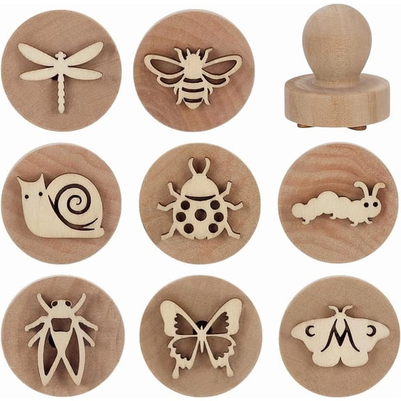 8Pcs 8 Styles Insect Theme Round Wood Stamp Handle Wooden knobs for Post Decoration DIY Card Making Navajo White 43x38mm DIY