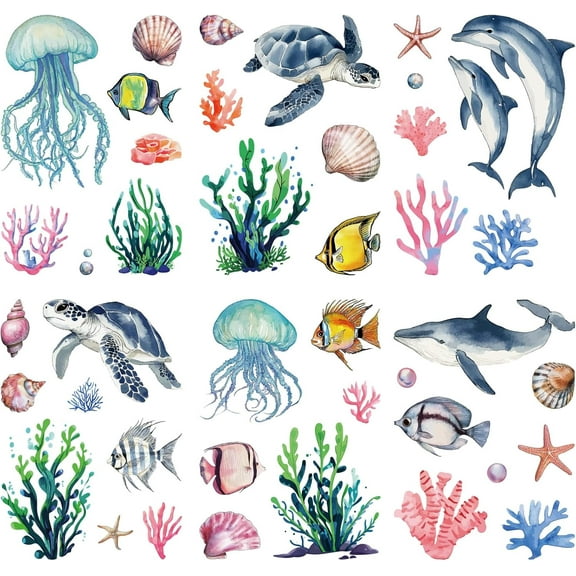 8Pcs 8 Styles Ocean Window Clings Sea Life Wall Decor Stickers Plastic PVC Waterproof Self Adhesive Marine Turtle Whale Fish Jellyfish Coral Large Decals for DIY Home School Office Party Decors