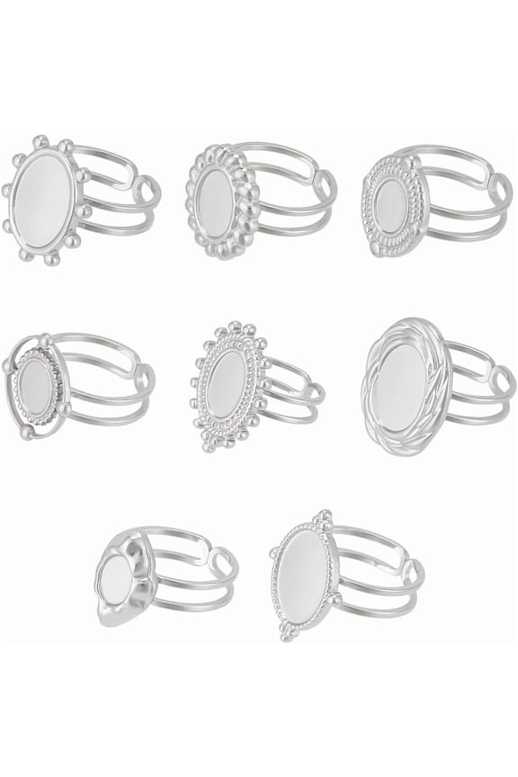 8Pcs 8 Styles Oval Cabochon Bezel Blank Tray Ring Bases 304 Stainless Steel Finger Ring Components Open Adjustable Cuff Ring Blanks Pad Ring Settings