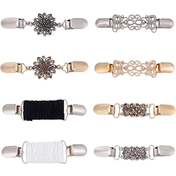 8Pcs 8 Styles Rectangle Zinc Alloy & Rhinestone Cardigan Clips Sweater Collar Clips Mixed Shapes Mixed Color 122~130x23~37x8~10mm 1pc/style