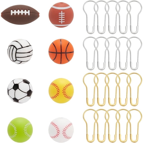 8Pcs 8 Styles Sports Silicone Beads Knitting Needle Protectors/Knitting Needle Stoppers with 20Pcs Iron Kilt Pin Stitch Markers