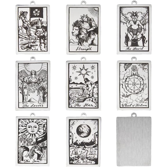 8Pcs 8 Styles Tarot Charms Stainless Steel Rectangle Card Pendants Fortune Lovers Moon Star Death Devil Protecction Charms Divination Amulet Charms for Jewelry Making 1box