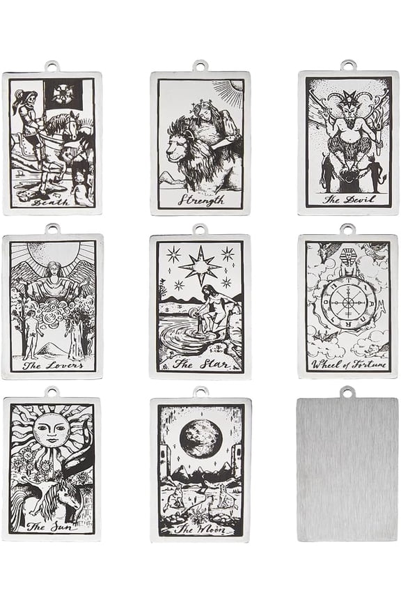 8Pcs 8 Styles Tarot Charms Stainless Steel Rectangle Card Pendants Fortune Lovers Moon Star Death Devil Protecction Charms Divination Amulet Charms for Jewelry Making 1box
