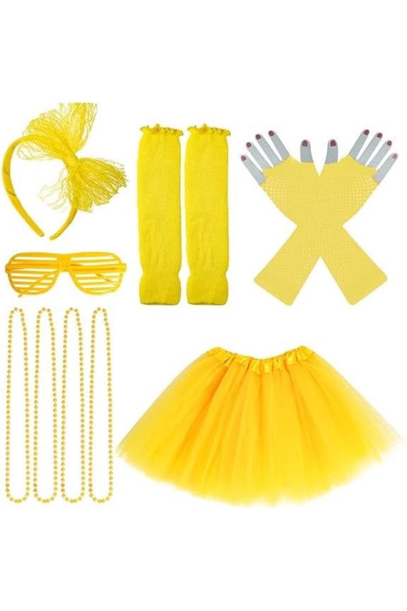 8Pcs 80s Retro Costume Set for Girls, Glitter Tutu Skirt & Leg Warmers Kit, Complete 1980s Themed Party Outfit for Kids, Halloween