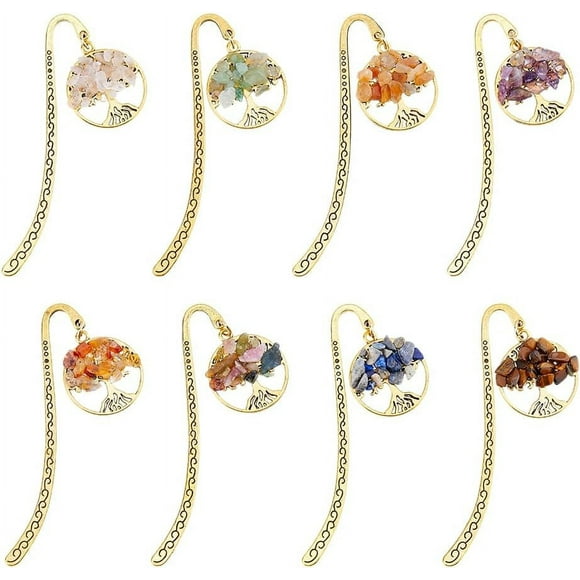 8Pcs 8Styles 11CM Tree of Life Bookmark Vintage Alloy Crystal Beaded Tree Bookmarks Golden Chakra Crystal Bookmark with Hook for Book Lovers Family Friends