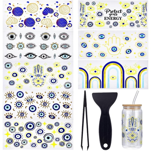 8Pcs 8Styles Eye of Evil Transfer Stickers for DIY Glass Cup Rub on Transfers Decal UV DTF Cup Wrap Transfer Waterproof Stickers Decorative Cup Decals for DIY Drinking Glasses Blue Yellow 9x4.3Inch