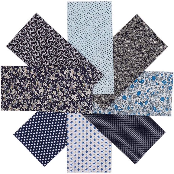 8Pcs 9.84x9.84 Inch Cotton Craft Fabric Bundle Patchwork Quilting Printed Fat Quarters Fabric Squares Sheets Star Flower Different Pattern Cloths for DIY Sewing Scrapbooking Blue
