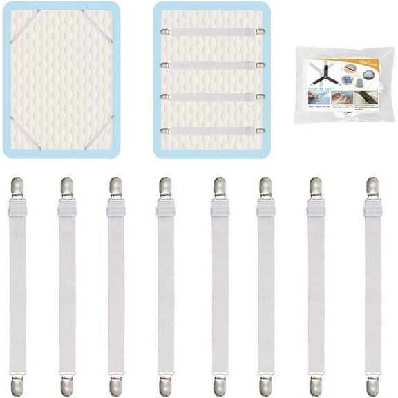 8Pcs Adjustable Bed Sheet Straps Clips, Elastic Mattress Sheet Fasteners Holder and Suspenders, Grippers to Hold Sheet, Mattress, Sofa, Couch, Table Cloth, Ironing Board Cover
