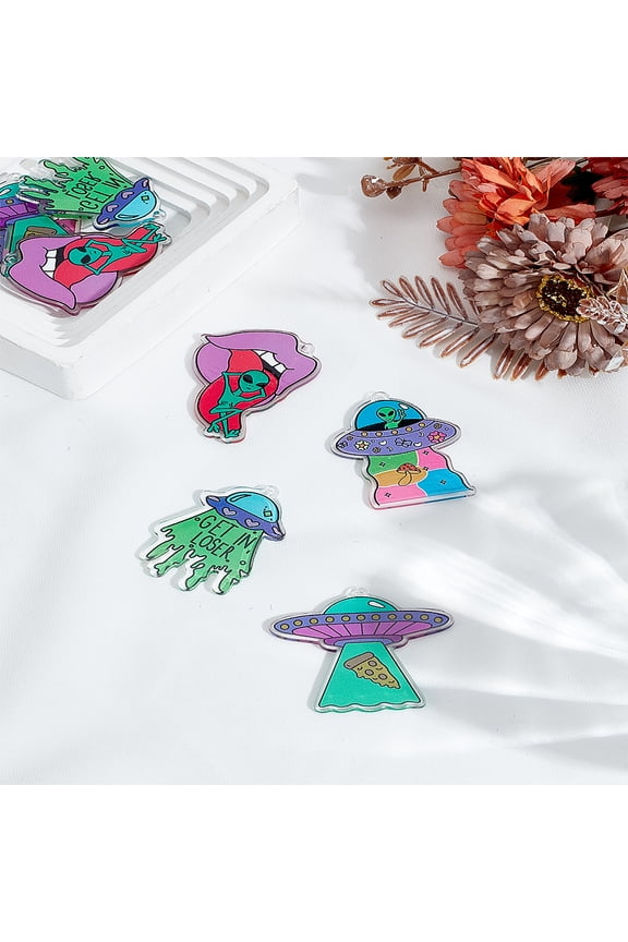 8Pcs Alien Theme Colorful Acrylic Pendants Universe Space Charms Mixed Shapes Pendants Decoration