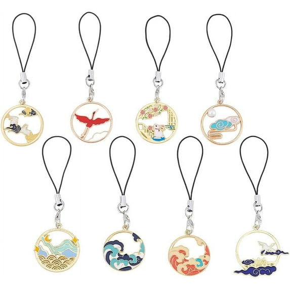 8Pcs Alloy Enamel Mobile Straps Flat Round Cloud Mixed Color 90mm 8pcs/set