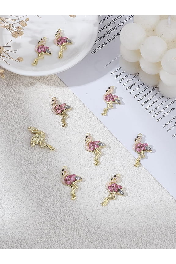 8Pcs Alloy Enamel Pendants with Rhinestone Light Gold Flamingo Charms Lavender Blush 30x16x4mm Hole: 1.4mm