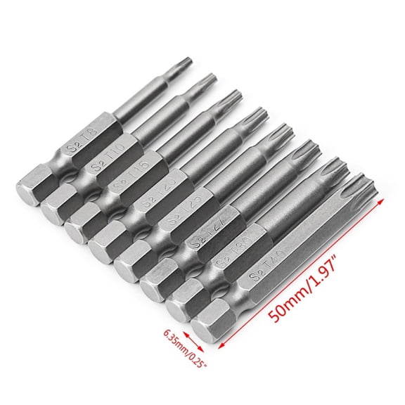 8Pcs Alloy Steel 50Mm Long Torx Screwdriver Bits 1/4\" Hexagon Handle T8-T40