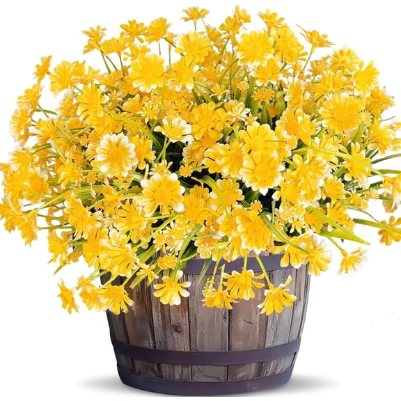 8Pcs Artificial Daisy Flowers, Outdoor UV-Resistant Fake Plants for Summer Decor - Plastic Greenery Shrubs for Cemetery, Garden, Porch Planter, Indoor Spring Home Decor (Yellow)
