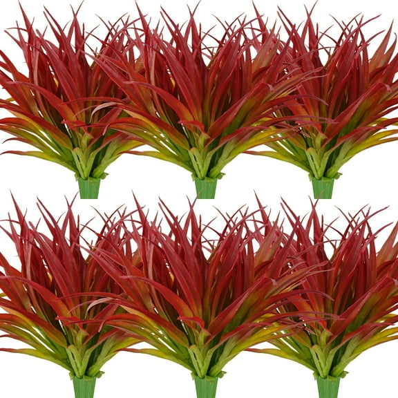 8Pcs Artificial Grass Plant Fake Outdoor Plastic Plants UV Resistant Faux Grasses Greenery Shrubs for Window Box Garden Patio Porch Home Decor Red