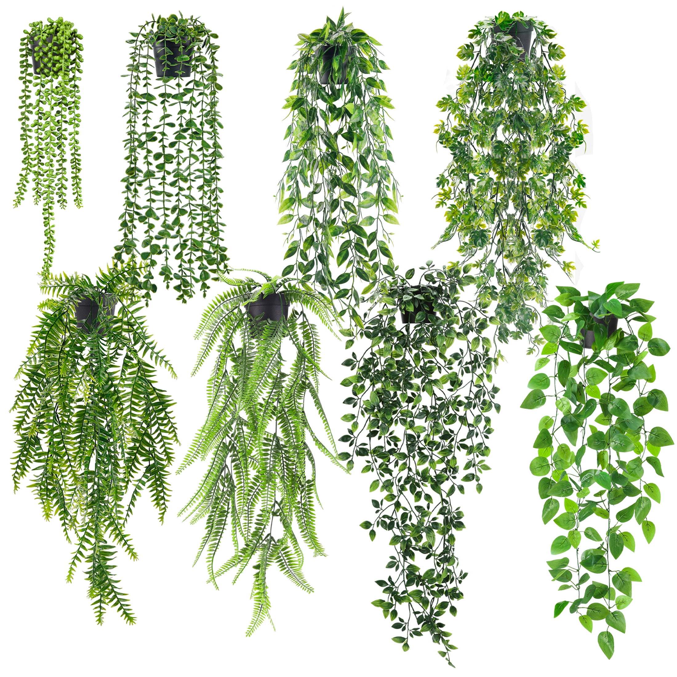 8Pcs Artificial Hanging Plants Plastic Greenery Vine Ferns Pearl String Fake Plants for Indoor Outdoor Office Bookshelf Decoration (Black Pots)