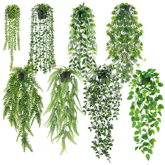 8Pcs Artificial Hanging Plants Plastic Greenery Vine Ferns Pearl String Fake Plants for Indoor Outdoor Office Bookshelf Decoration (Black Pots)
