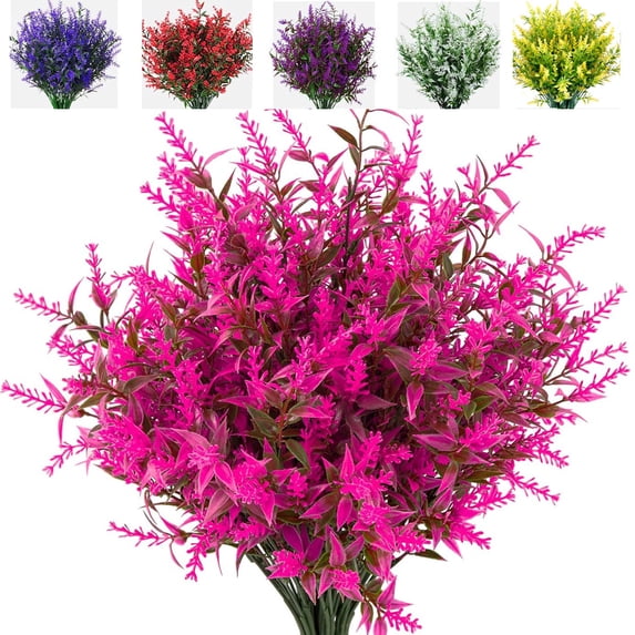 8Pcs Artificial Lavender Fake Plastic Flowers - Realistic UV Resistant & No Fade Faux Greenery Plants for Outdoor Garden, Porch, Patio & Indoor Table Centerpieces,Spring Summer Decoration (Pink)