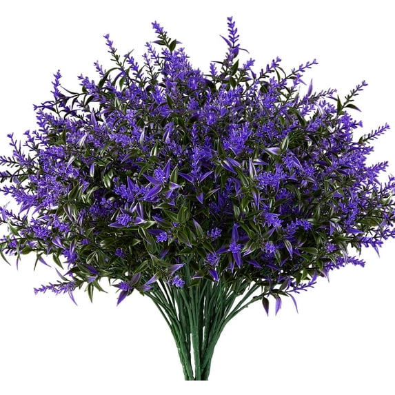 8Pcs Artificial Lavender Outdoor Plants UV Resistant Fake Flowers Purple Faux Lavender Plastic Greenery Stems Decor for Front Porch Planters Decoration (Purple)