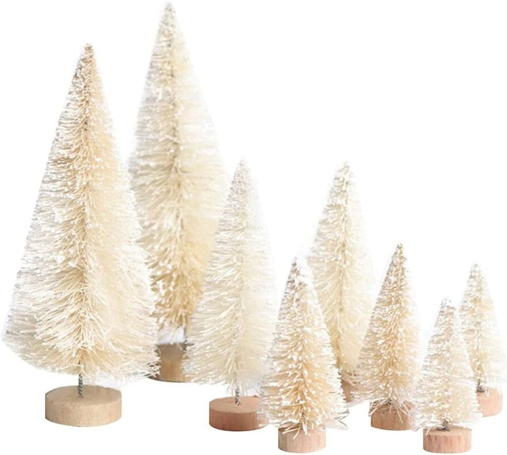 8Pcs Artificial Mini Christmas Trees, Fake Bottle Brush Small Pine Snow Frosted Trees with Wood Base Tabletop Ornaments Winter Crafts for Xmas Holiday Party Home Decor