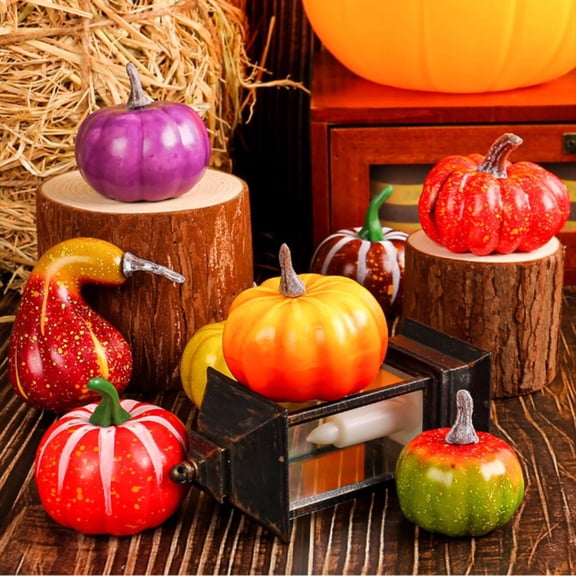 8Pcs Assorted Artificial Mini Pumpkins, Colorful Fake Pumpkin & Gourd Set, Plastic Pumpkins Set, Harvest Table Decor for Thanksgiving, Fall Farmhouse Display, Basket Fillers