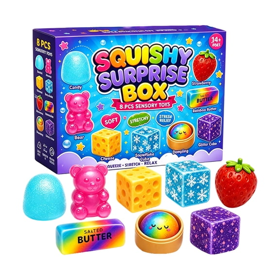 8Pcs Assorted Shapes Squishy Surprise Box Slow Rising Soft Squeeze Stress Relief Sensory Toy Pack Multi-Style Food & Cube Decompression Novelty Gift(Blue-30cm)
