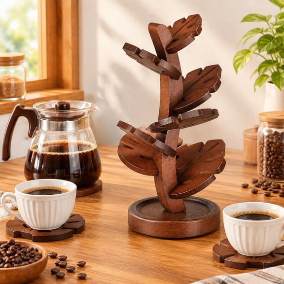 8Pcs Bamboo Wood Trivet Set with Tree Shaped Coasters and Storage Stand - Tea Brown Heat Resistant Table Mats for Hot Dishes, Pots, Bowls and Teapots, Kitchen and Dining Table Decor
