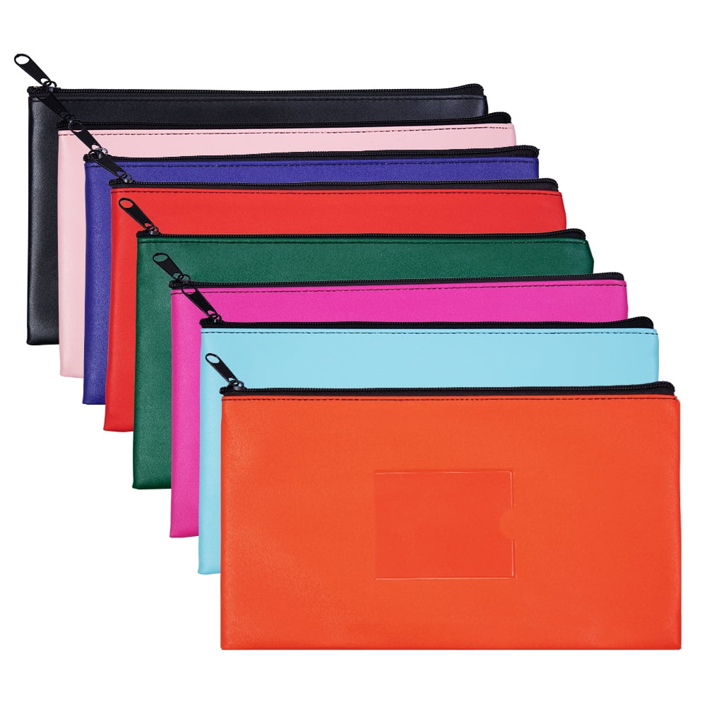 8Pcs Bank Bags with Zipper Money Pouches for Cash PU Leatherette Deposit Bag with Framed ID Window and Money Bag for Cash Cosmetics Tools 11x6