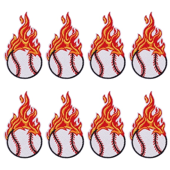 8Pcs Baseball with Fire Polyester Computerized Embroidery Cloth Iron on/Sew on Patches Costume Accessories Appliques Orange Red 55x103x1.5mm