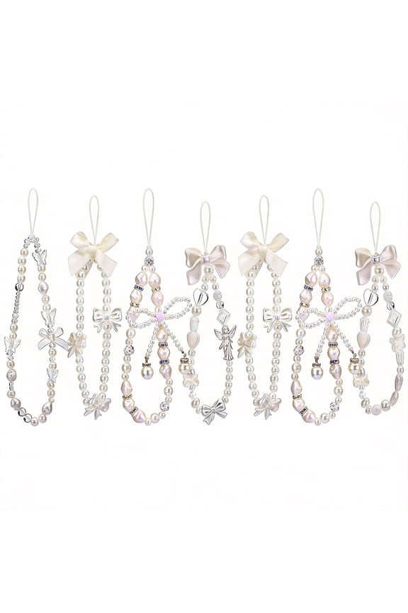 8Pcs Beaded Phone Charms Strap - Butterfly Bow & Pearl Wrist Lanyard - Cute Kawaii Phone Bracelet Keychain for Women & Girls, White