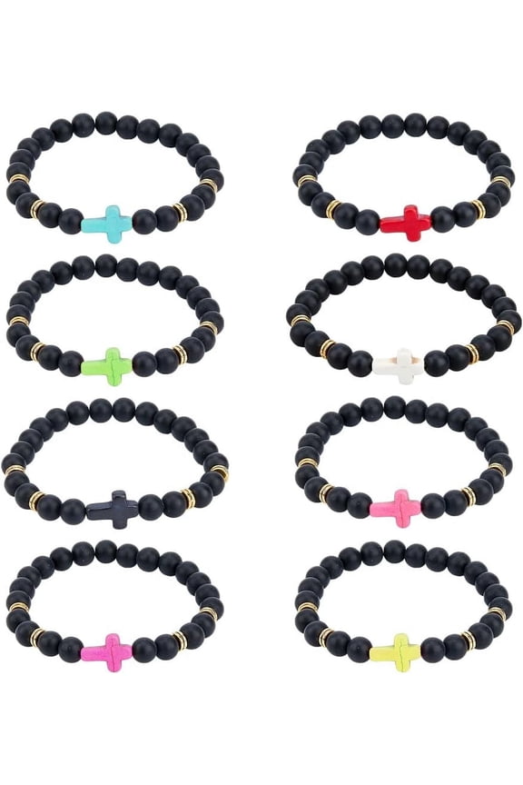 8Pcs Beads Bracelets 2-1/8 inch Lava Stone Stretch Bracelets Classic Bangle Bracelets Relieve Anxiety Bracelets Valentines Friendship Gift for Woman