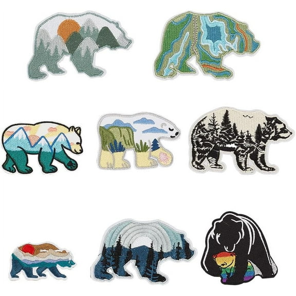 8Pcs Bear and Mountains Adventure Outdoor Patch Iron on Patches Embroidered Patches Decoration Appliques Repair Patch for Clothing Backpacks Jackets Hat Cap DIY Accessories Colorful