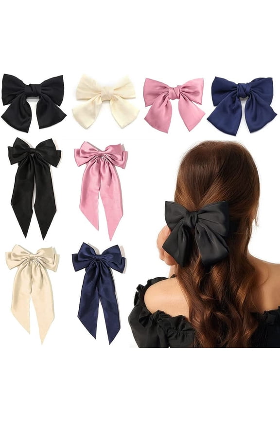 8Pcs Big Bow Hair Clips, French Barrette with Long Silky Satin Ribbon, Solid Color Large Hair Bow Pins Bowknot Hair Slides Accessories for Women Girls Lolita Party Mother's Day Gift