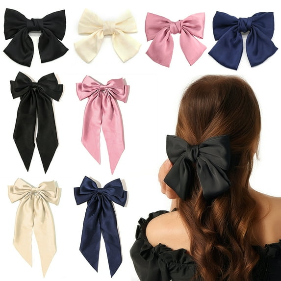 8Pcs Big Bow Hair Clips, Large Solid Color Hair Bow Pins Bowknot Hair Clip, French Barrette with Long Silky Satin Ribbon, Hair Slides Accessories for Women Girls Lolita Party Mother's Day Gift