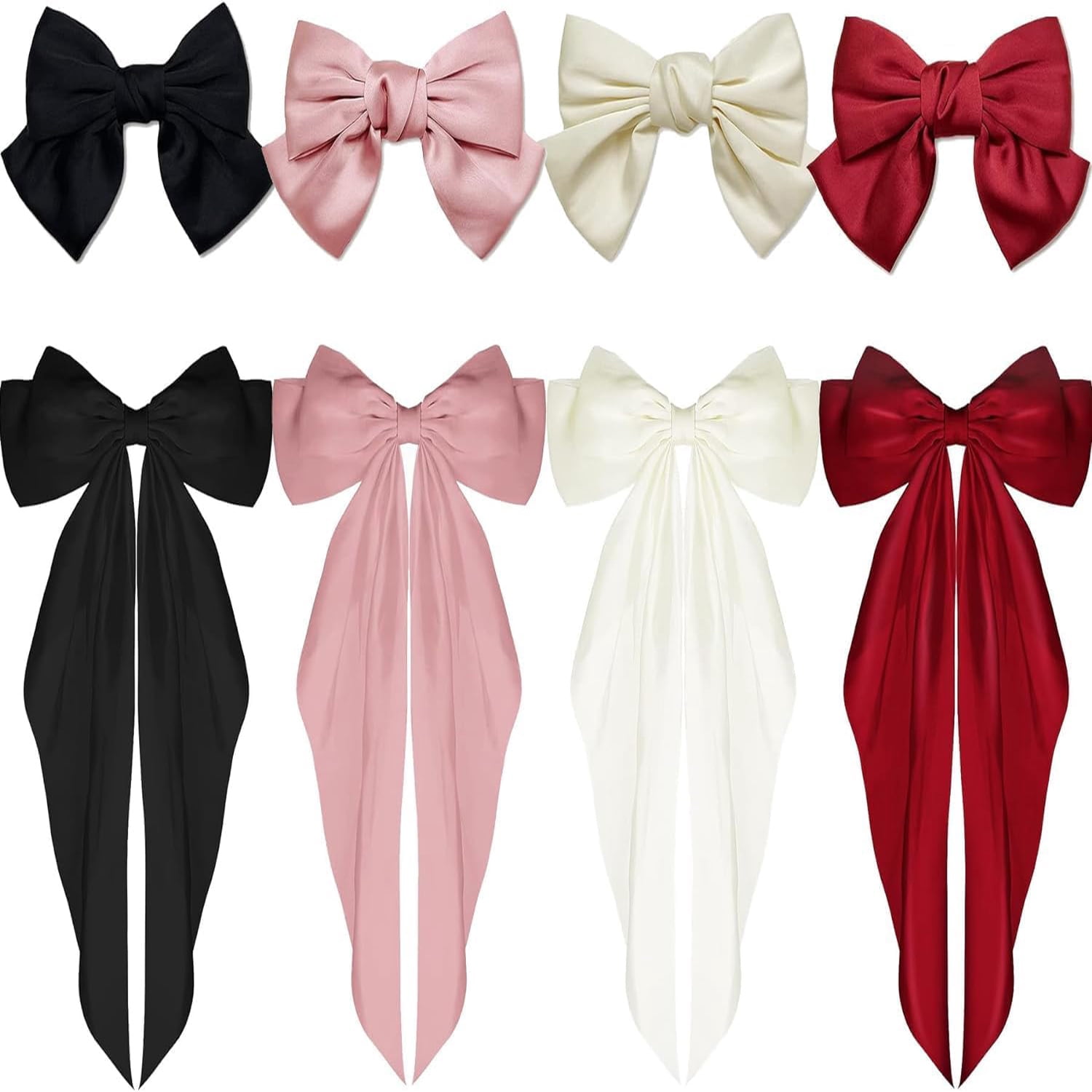 8Pcs Big Bow Hair Clips, Premium Satin Hair Bows with Long Ribbons for Women, Girls, Teens (Elegant Hair Accessories)