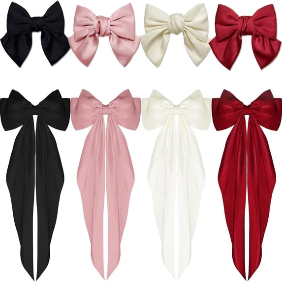 8Pcs Big Bow Hair Clips, Premium Satin Hair Bows with Long Ribbons for Women, Girls, Teens (Elegant Hair Accessories)