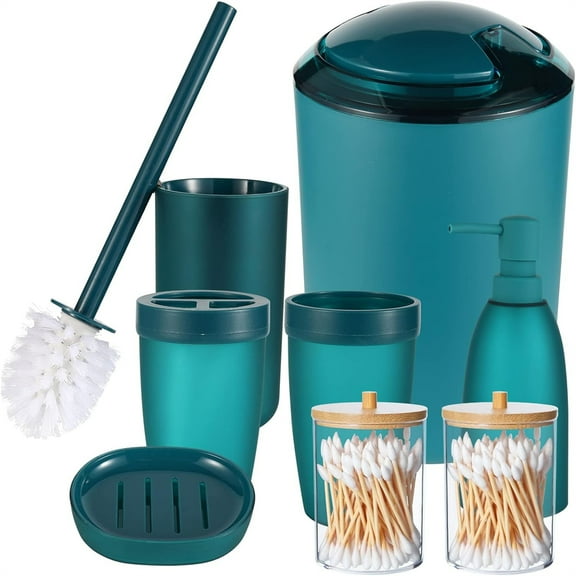 8Pcs Blue Bathroom Accessories Set - with Trash Can Toothbrush Holder Soap Dispenser Soap and Lotion Set Tumbler Cup