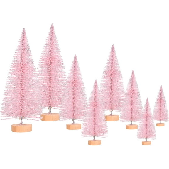 8Pcs Bottle Brush Trees Artificial Mini Christmas Tree Sisal Snow Frost Trees with Wooden Base Miniature Pine Tree Winter Crafts Ornaments for Xmas New Year Party Home Table Decorations