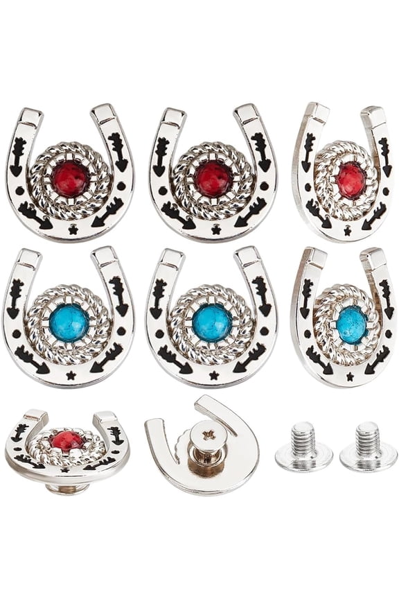 8Pcs/Box Horseshoe Screw Back Buttons Conchos 2 Colors Red Blue Western Cowboy Decor Leather Buckles 19mm Turquoise Gemstone Metal Vintage Retro Castings Rivets Studs for DIY Craft FabricsMixed Color