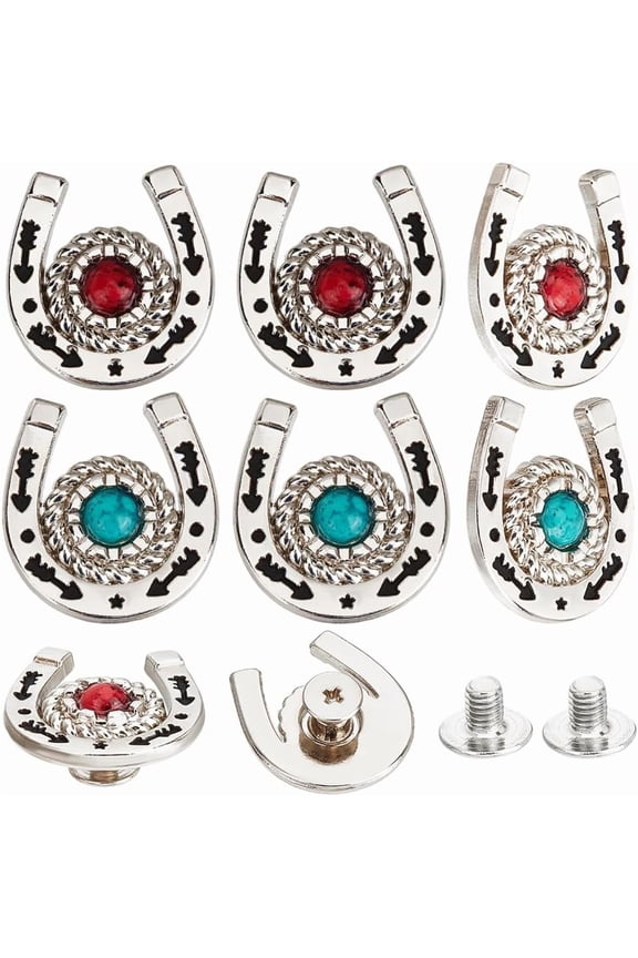 8Pcs/Box Horseshoe Screw Back Buttons Conchos 2 Colors Red Green Western Cowboy Decor Leather Buckle 19mm Turquoise Gemstone Metal Vintage Retro Castings Rivets Studs