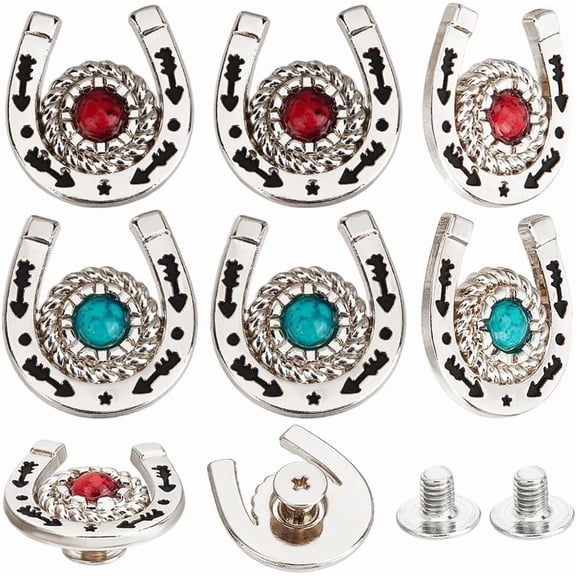 8Pcs/Box Horseshoe Screw Back Buttons Conchos 2 Colors Red Green Western Cowboy Decor Leather Buckle 19mm Turquoise Gemstone Metal Vintage Retro Castings Rivets Studs for DIY Craft Fabrics