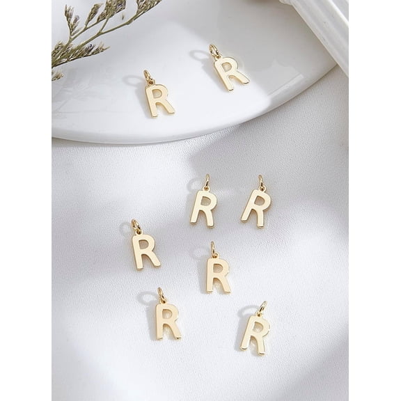 8Pcs Brass Charms with Jump Rings Letter Real 18K Gold Plated Letter R 10x5.5x1mm Hole: 2.5mm