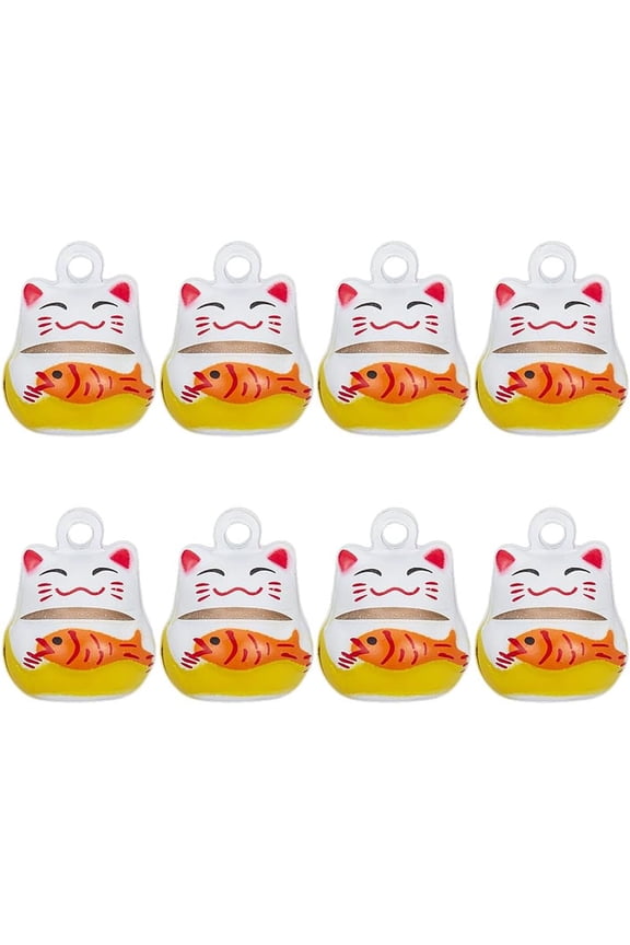 8Pcs Brass Enamel Bell Pendants Lucky Cat Shape Charms Gold 18x14.5x14mm Hole: 2mm
