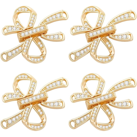 8Pcs Brass Micro Pave Clear Cubic Zirconia Fold Over Clasps Bowknot Real 18K Gold Plated 32x35x5mm Hole: 1mm and 2x1.5mm