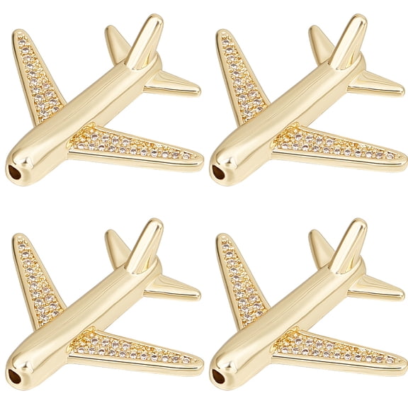 8Pcs Brass Micro Pave Cubic Zirconia Airliner Beads Passenger Airplane Real 18K Gold Plated 26.5x22x8mm Hole: 1.6mm