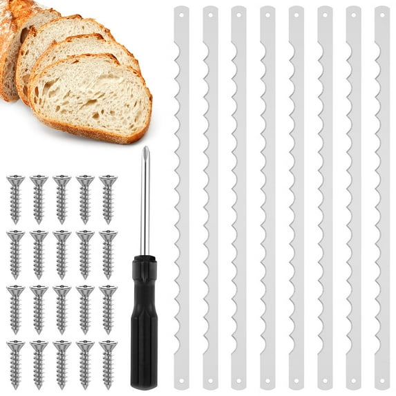 8Pcs Bread Bow Cutter Blades Stainless Steel Replacement Blade with Screws and Screwdriver 10.8×0.43 Inch Serrated Bread Blade Rustproof Bread Slicer Bread Cutting Tool for Wooden Bread Cutter