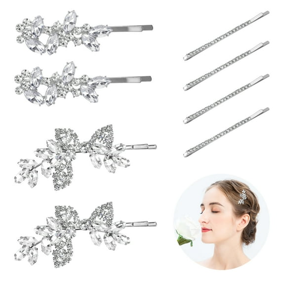 8Pcs Bride Pearl Crystal Hair Clips Bobby Pins, Rhinestone Bridal Hair Clip Leaf Wedding Hairpin,Shining Diamond Barrette, Elegant Jewelry Bridesmaid Hair Accessories for Women Girls (Silver)