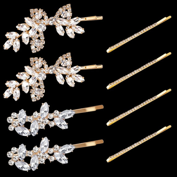 8Pcs Bride Pearl Crystal Hair Clips Bobby Pins, Rhinestone Bridal Hair Clip Leaf Wedding Hairpin,Shining Diamond Barrette, Elegant Jewelry Bridesmaid Hair Accessories for Women Girls (Gold))