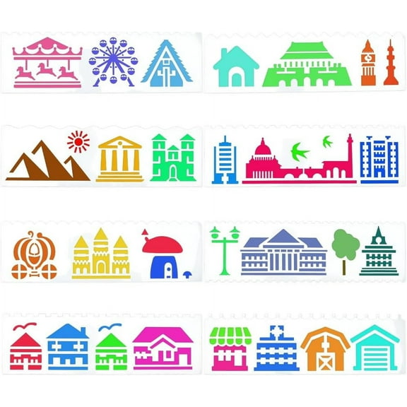 8Pcs Building Stencil Drawing Scale Template White Cake Decorating Stencil Template Edge Baking Tool Plastic Reusable Border Stencil for DIY