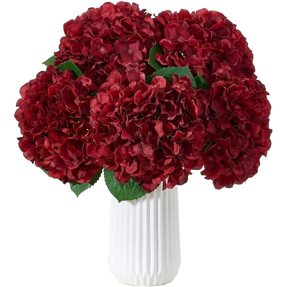 8Pcs Burgundy Fake Flowers Silk Hydrangea Artificial Flowers Bouquets Faux Hydrangea Stems for Home Table Centerpieces Wedding Party Decoration