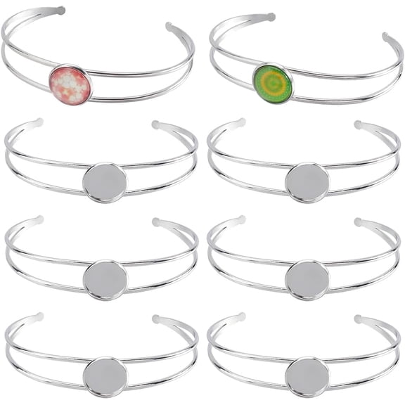 8Pcs Cabochon Bangles Adjustable Blank Bangle Silver Metal 304 Stainless Steel Expandable Cuff Round Cabochons Bezel Blank Tray Base Bangle for Bracelet Jewelry Making DIY Crafts Accessories